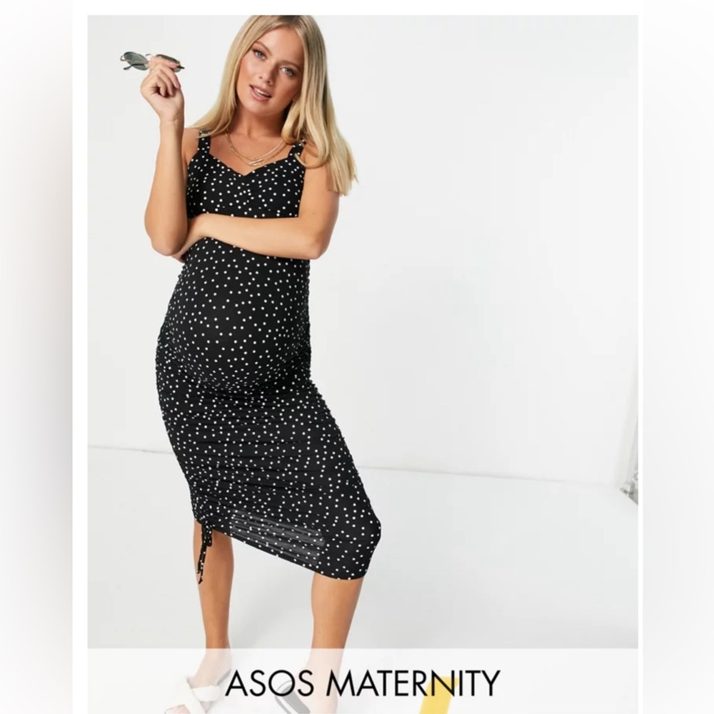 ASOS Maternity Ruched Sweetheart Body-Con Dress - Size 8 - Black Polka Dot